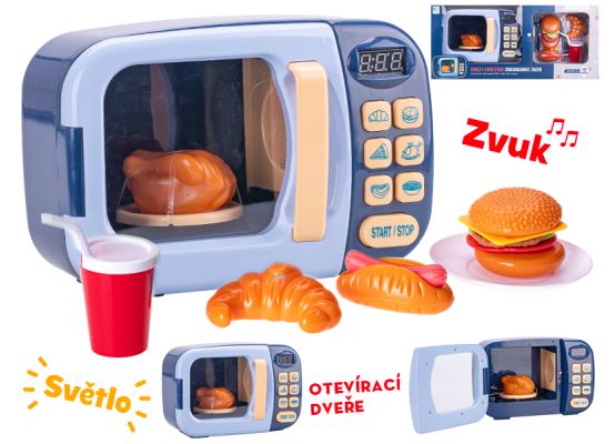 Mikrovlnná trouba 22x15x10cm modrá na baterie s doplňky se světlem a zvukem v krabičce